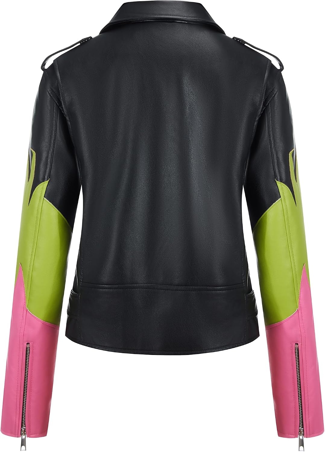 image:imageBellivera Womens Faux Leather ColorBlock Moto Zip Up Jacket Regular Fit PU Shell Asymmetrical Zip Front ColorBlock Design Belted Waist Ideal for Streetwear and ConcertsBlackgreenred