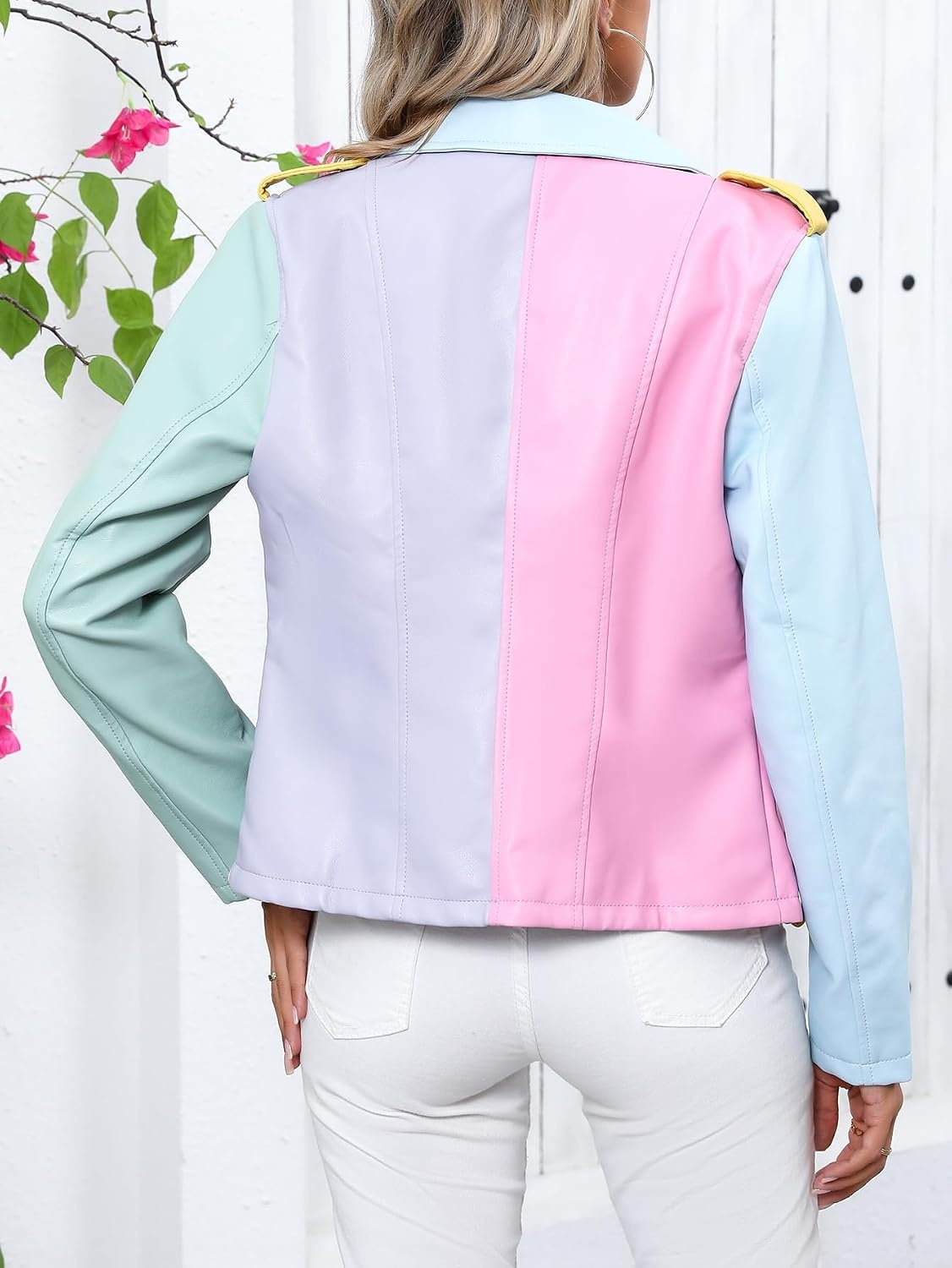 image:imageBellivera Womens Faux Leather ColorBlock Moto Zip Up Jacket Regular Fit PU Shell Asymmetrical Zip Front ColorBlock Design Belted Waist Ideal for Streetwear and ConcertsMulticolor Jacket