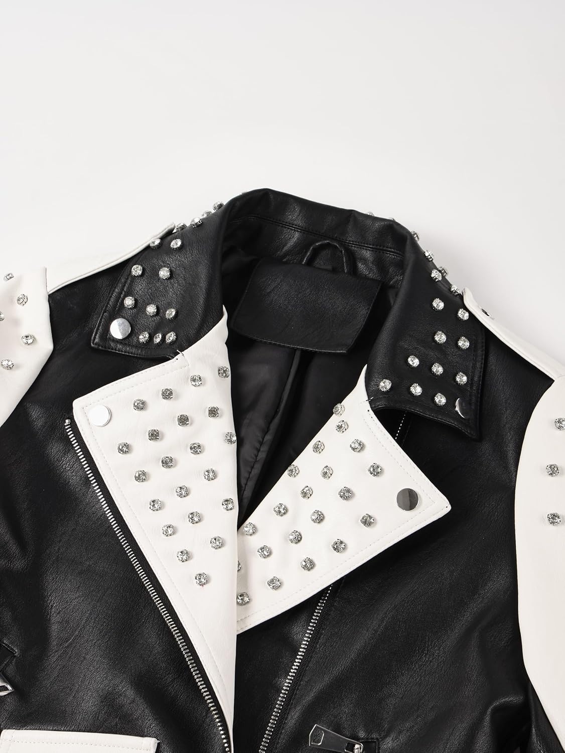 image:imageBellivera Womens Faux Leather ColorBlock Moto Zip Up Jacket Regular Fit PU Shell Asymmetrical Zip Front ColorBlock Design Belted Waist Ideal for Streetwear and ConcertsBlackwhite