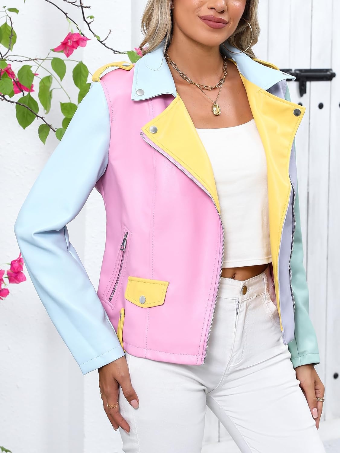 image:imageBellivera Womens Faux Leather ColorBlock Moto Zip Up Jacket Regular Fit PU Shell Asymmetrical Zip Front ColorBlock Design Belted Waist Ideal for Streetwear and ConcertsMulticolor Jacket