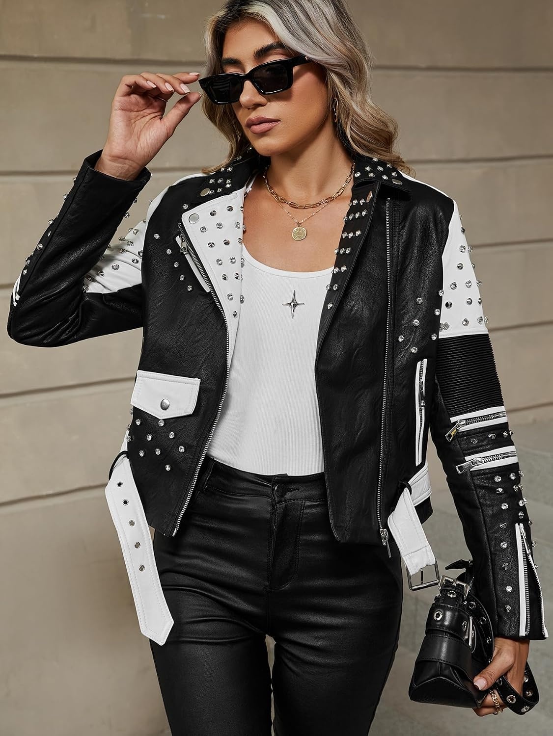image:imageBellivera Womens Faux Leather ColorBlock Moto Zip Up Jacket Regular Fit PU Shell Asymmetrical Zip Front ColorBlock Design Belted Waist Ideal for Streetwear and ConcertsWhite Black Jacket