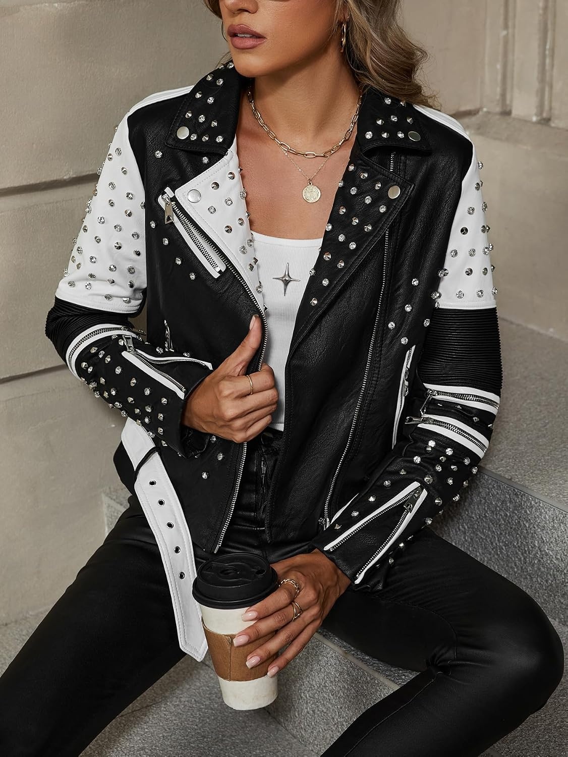 image:imageBellivera Womens Faux Leather ColorBlock Moto Zip Up Jacket Regular Fit PU Shell Asymmetrical Zip Front ColorBlock Design Belted Waist Ideal for Streetwear and ConcertsWhite Black Jacket