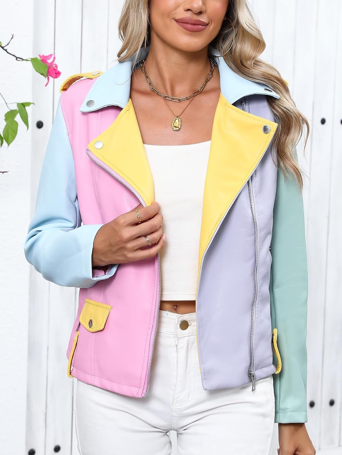 image:imageBellivera Womens Faux Leather ColorBlock Moto Zip Up Jacket Regular Fit PU Shell Asymmetrical Zip Front ColorBlock Design Belted Waist Ideal for Streetwear and ConcertsMulticolor Jacket