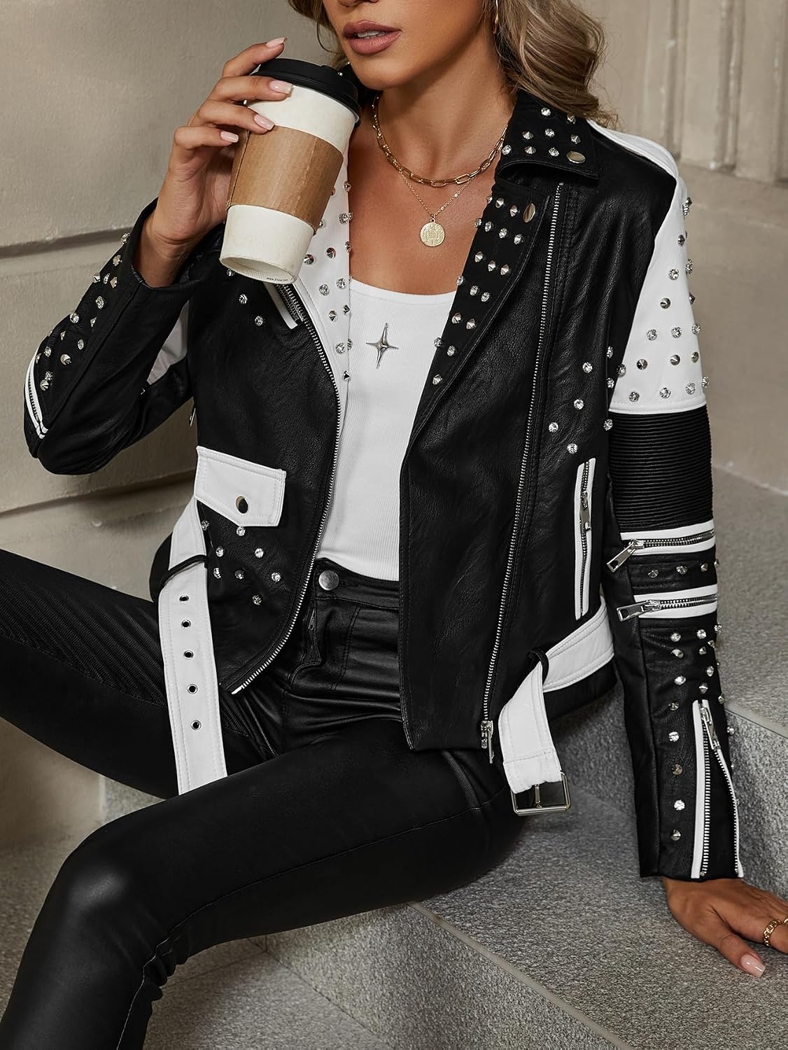 image:imageBellivera Womens Faux Leather ColorBlock Moto Zip Up Jacket Regular Fit PU Shell Asymmetrical Zip Front ColorBlock Design Belted Waist Ideal for Streetwear and ConcertsWhite Black Jacket