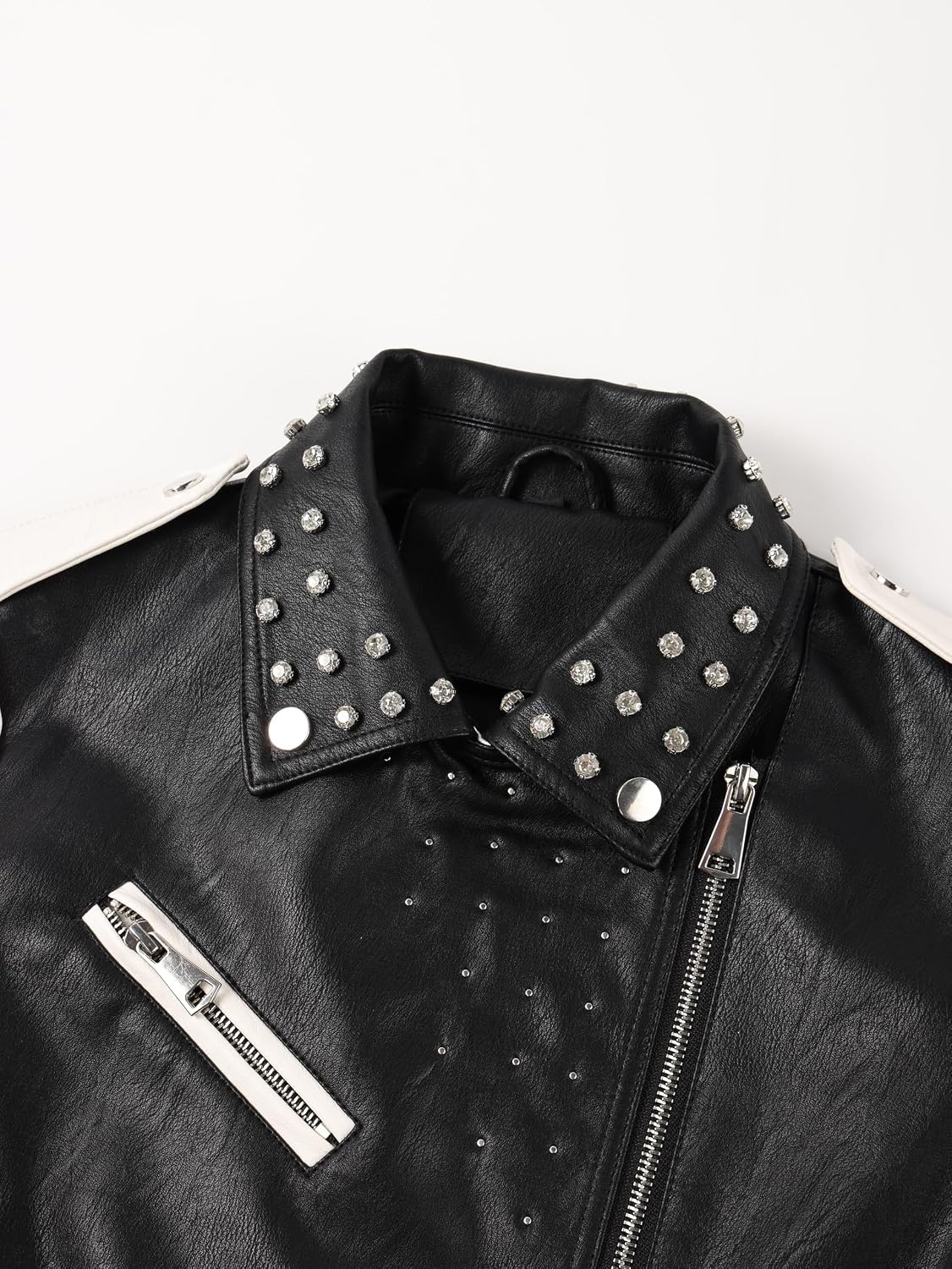 image:imageBellivera Womens Faux Leather ColorBlock Moto Zip Up Jacket Regular Fit PU Shell Asymmetrical Zip Front ColorBlock Design Belted Waist Ideal for Streetwear and ConcertsBlackwhite