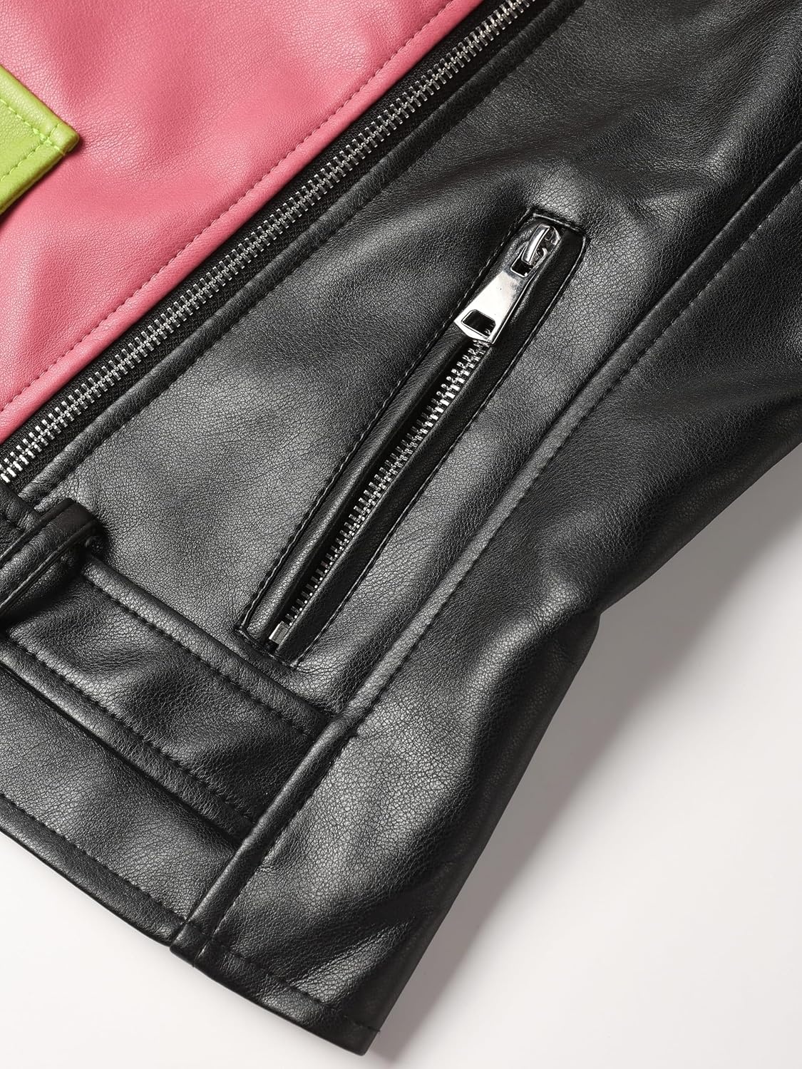 image:imageBellivera Womens Faux Leather ColorBlock Moto Zip Up Jacket Regular Fit PU Shell Asymmetrical Zip Front ColorBlock Design Belted Waist Ideal for Streetwear and ConcertsPinkgreen