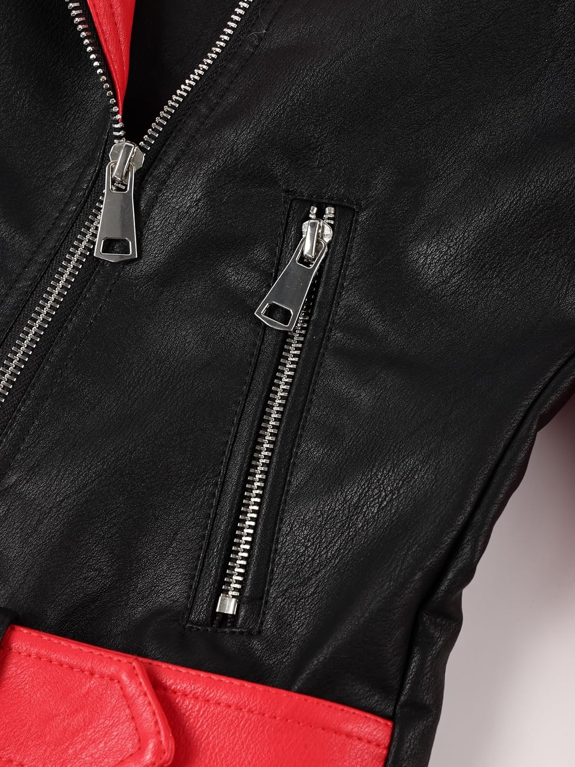 image:imageBellivera Womens Faux Leather ColorBlock Moto Zip Up Jacket Regular Fit PU Shell Asymmetrical Zip Front ColorBlock Design Belted Waist Ideal for Streetwear and ConcertsRedblack