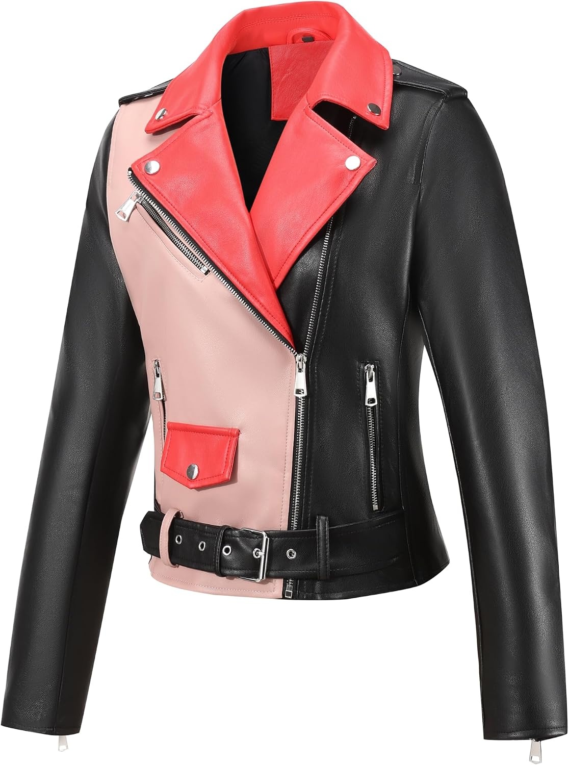 image:imageBellivera Womens Faux Leather ColorBlock Moto Zip Up Jacket Regular Fit PU Shell Asymmetrical Zip Front ColorBlock Design Belted Waist Ideal for Streetwear and ConcertsBlackpink