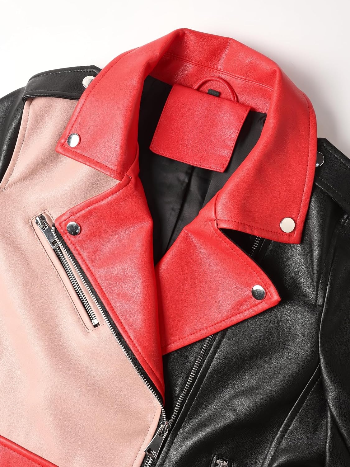 image:imageBellivera Womens Faux Leather ColorBlock Moto Zip Up Jacket Regular Fit PU Shell Asymmetrical Zip Front ColorBlock Design Belted Waist Ideal for Streetwear and ConcertsBlackpink