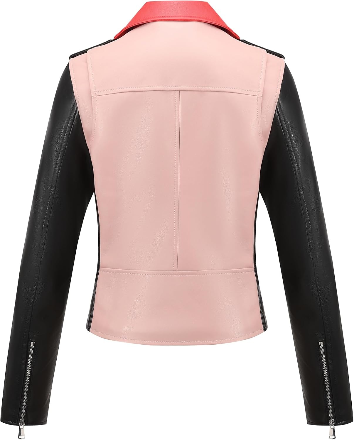 image:imageBellivera Womens Faux Leather ColorBlock Moto Zip Up Jacket Regular Fit PU Shell Asymmetrical Zip Front ColorBlock Design Belted Waist Ideal for Streetwear and ConcertsBlackpink