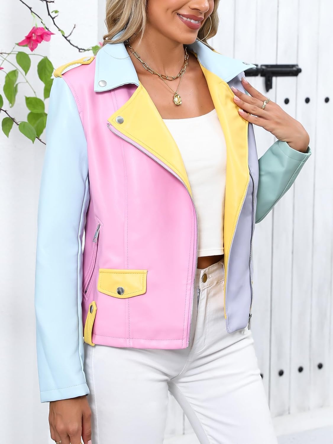 image:imageBellivera Womens Faux Leather ColorBlock Moto Zip Up Jacket Regular Fit PU Shell Asymmetrical Zip Front ColorBlock Design Belted Waist Ideal for Streetwear and ConcertsMulticolor Jacket