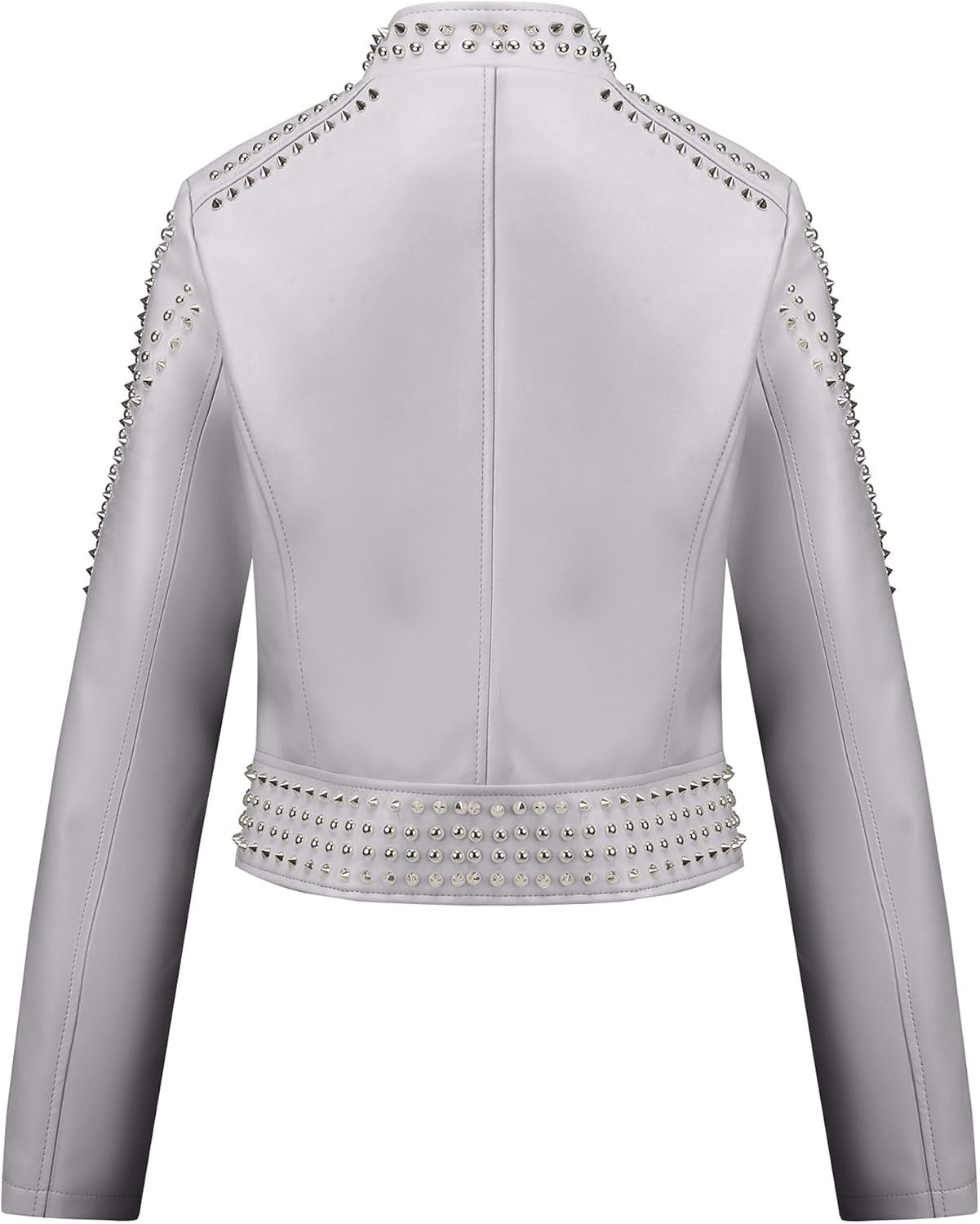 image:imageBellivera Womens Faux Leather Moto Studded Rivet Casual Jacket Short Slim Fit Biker Coat Rock Punk Fashion Streetwear Coat with Soft Smooth Lining Zipper Pockets for Spring and FallStand Collar Gray