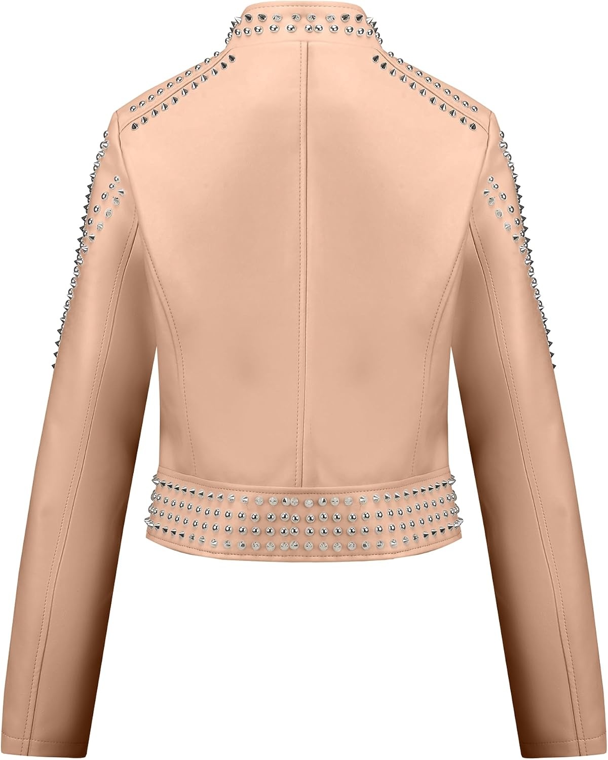 image:imageBellivera Womens Faux Leather Moto Studded Rivet Casual Jacket Short Slim Fit Biker Coat Rock Punk Fashion Streetwear Coat with Soft Smooth Lining Zipper Pockets for Spring and FallStand Collar Khaki