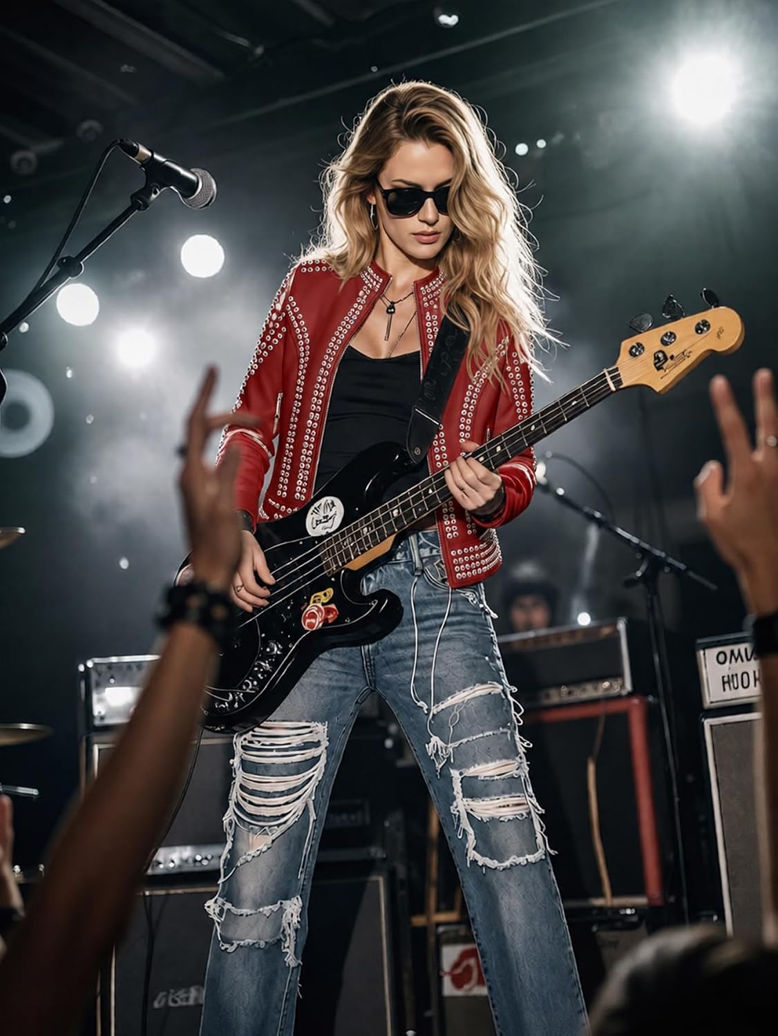 image:imageBellivera Womens Faux Leather Moto Studded Rivet Casual Jacket Short Slim Fit Biker Coat Rock Punk Fashion Streetwear Coat with Soft Smooth Lining Zipper Pockets for Spring and FallStand Collar Red