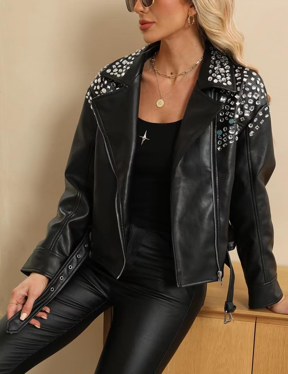 image:imageBellivera Womens Faux Leather Moto Studded Rivet Casual Jacket Short Slim Fit Biker Coat Rock Punk Fashion Streetwear Coat with Soft Smooth Lining Zipper Pockets for Spring and FallBlack Leather Jacket