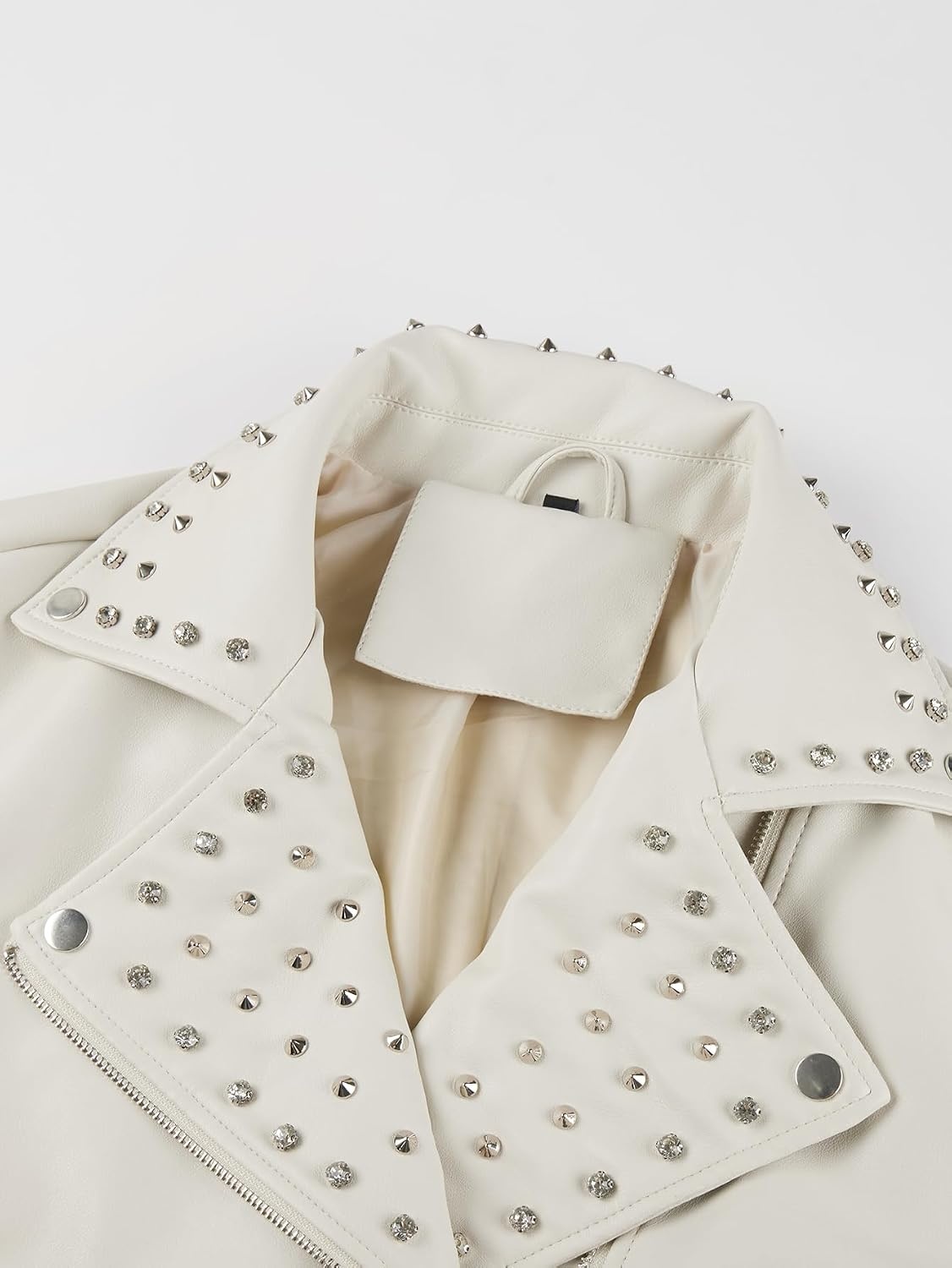 image:imageBellivera Womens Faux Leather Moto Studded Rivet Casual Jacket Short Slim Fit Biker Coat Rock Punk Fashion Streetwear Coat with Soft Smooth Lining Zipper Pockets for Spring and FallWhite Jacket With Belt