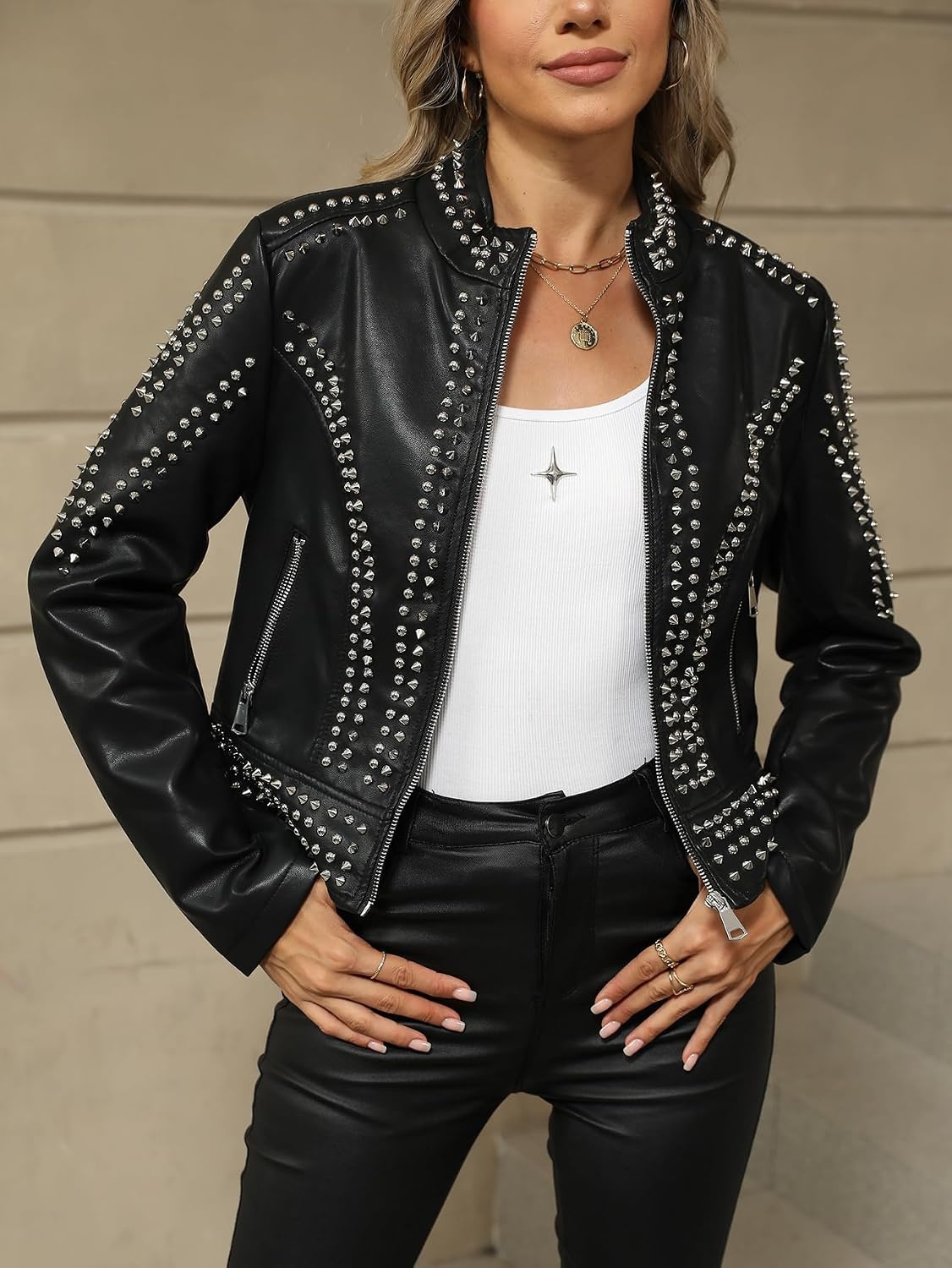 image:imageBellivera Womens Faux Leather Moto Studded Rivet Casual Jacket Short Slim Fit Biker Coat Rock Punk Fashion Streetwear Coat with Soft Smooth Lining Zipper Pockets for Spring and FallStand Collar Black
