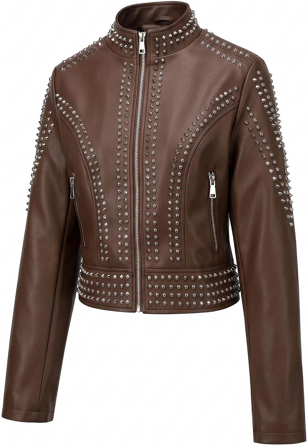 image:imageBellivera Womens Faux Leather Moto Studded Rivet Casual Jacket Short Slim Fit Biker Coat Rock Punk Fashion Streetwear Coat with Soft Smooth Lining Zipper Pockets for Spring and FallStand Collar Deep Brown
