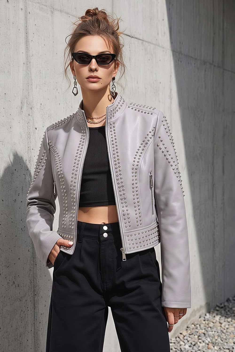 image:imageBellivera Womens Faux Leather Moto Studded Rivet Casual Jacket Short Slim Fit Biker Coat Rock Punk Fashion Streetwear Coat with Soft Smooth Lining Zipper Pockets for Spring and FallStand Collar Gray
