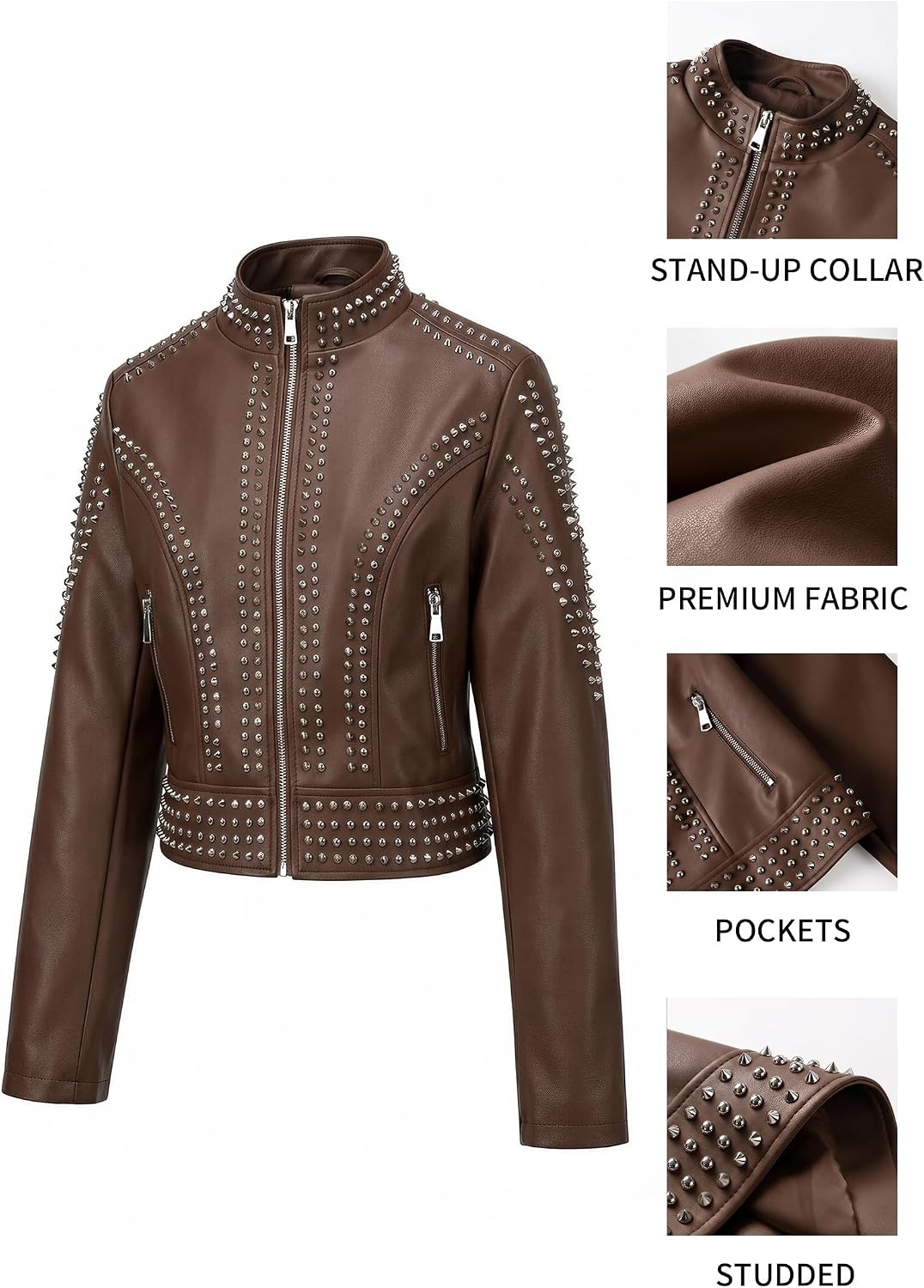 image:imageBellivera Womens Faux Leather Moto Studded Rivet Casual Jacket Short Slim Fit Biker Coat Rock Punk Fashion Streetwear Coat with Soft Smooth Lining Zipper Pockets for Spring and FallStand Collar Deep Brown