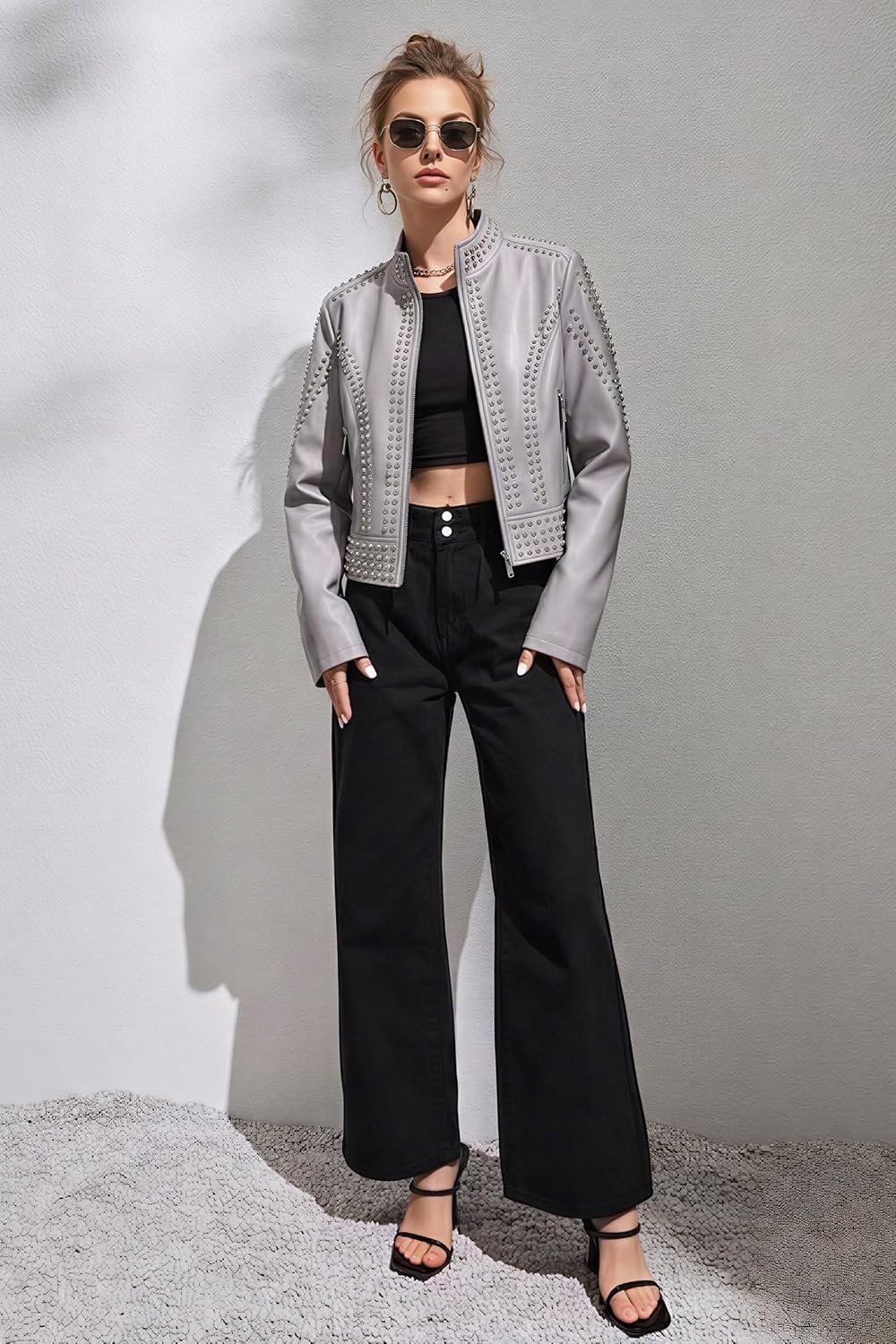 image:imageBellivera Womens Faux Leather Moto Studded Rivet Casual Jacket Short Slim Fit Biker Coat Rock Punk Fashion Streetwear Coat with Soft Smooth Lining Zipper Pockets for Spring and FallStand Collar Gray