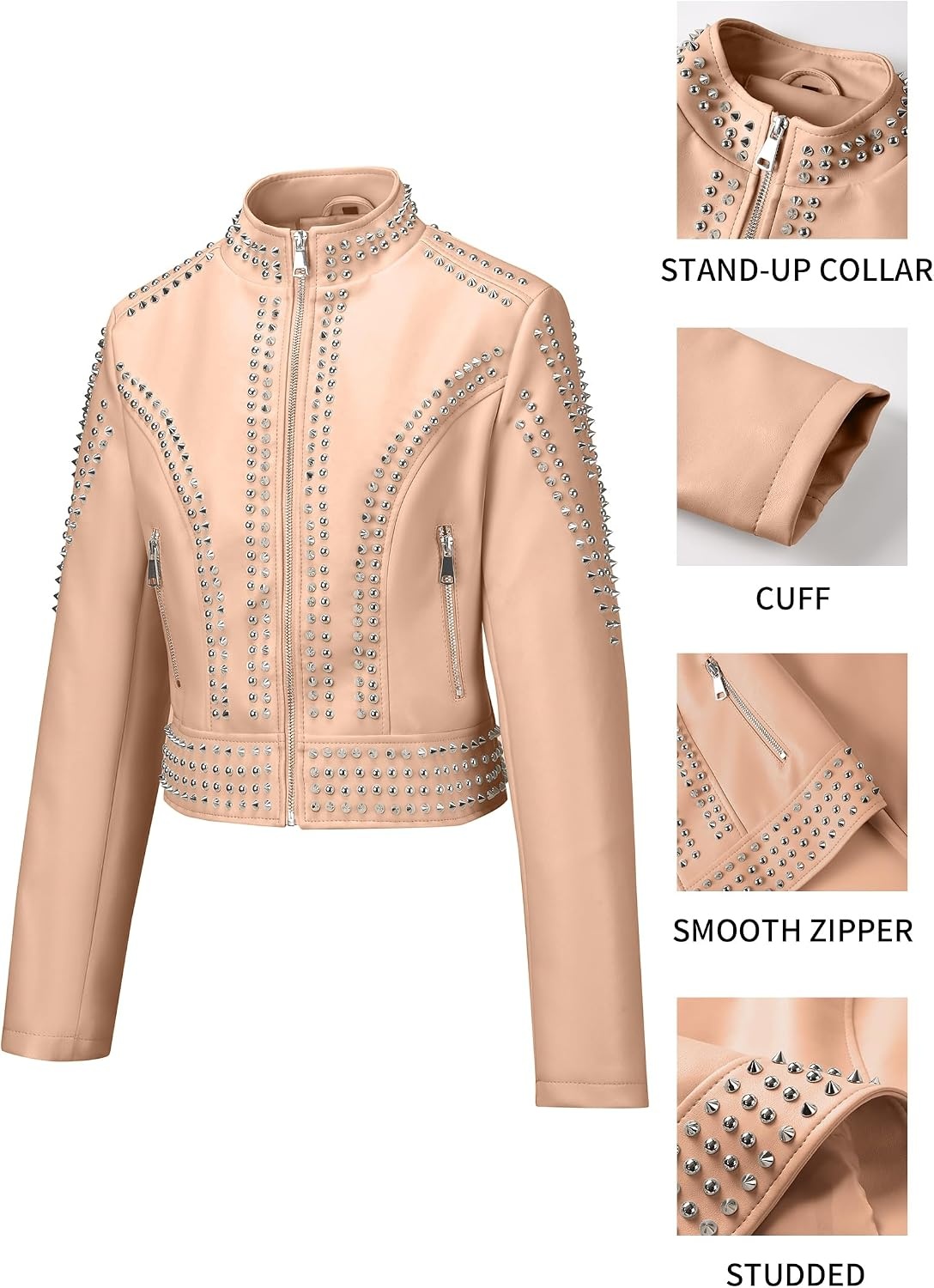 image:imageBellivera Womens Faux Leather Moto Studded Rivet Casual Jacket Short Slim Fit Biker Coat Rock Punk Fashion Streetwear Coat with Soft Smooth Lining Zipper Pockets for Spring and FallStand Collar Khaki