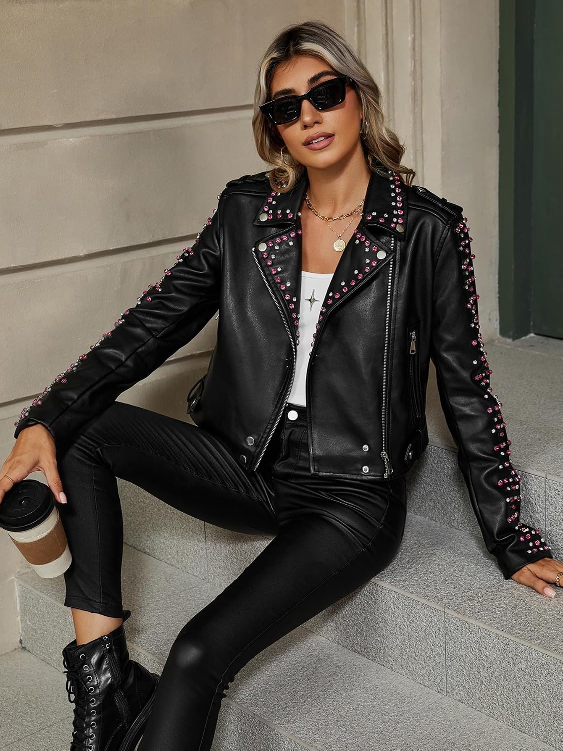image:imageBellivera Womens Faux Leather Moto Studded Rivet Casual Jacket Short Slim Fit Biker Coat Rock Punk Fashion Streetwear Coat with Soft Smooth Lining Zipper Pockets for Spring and FallBlack