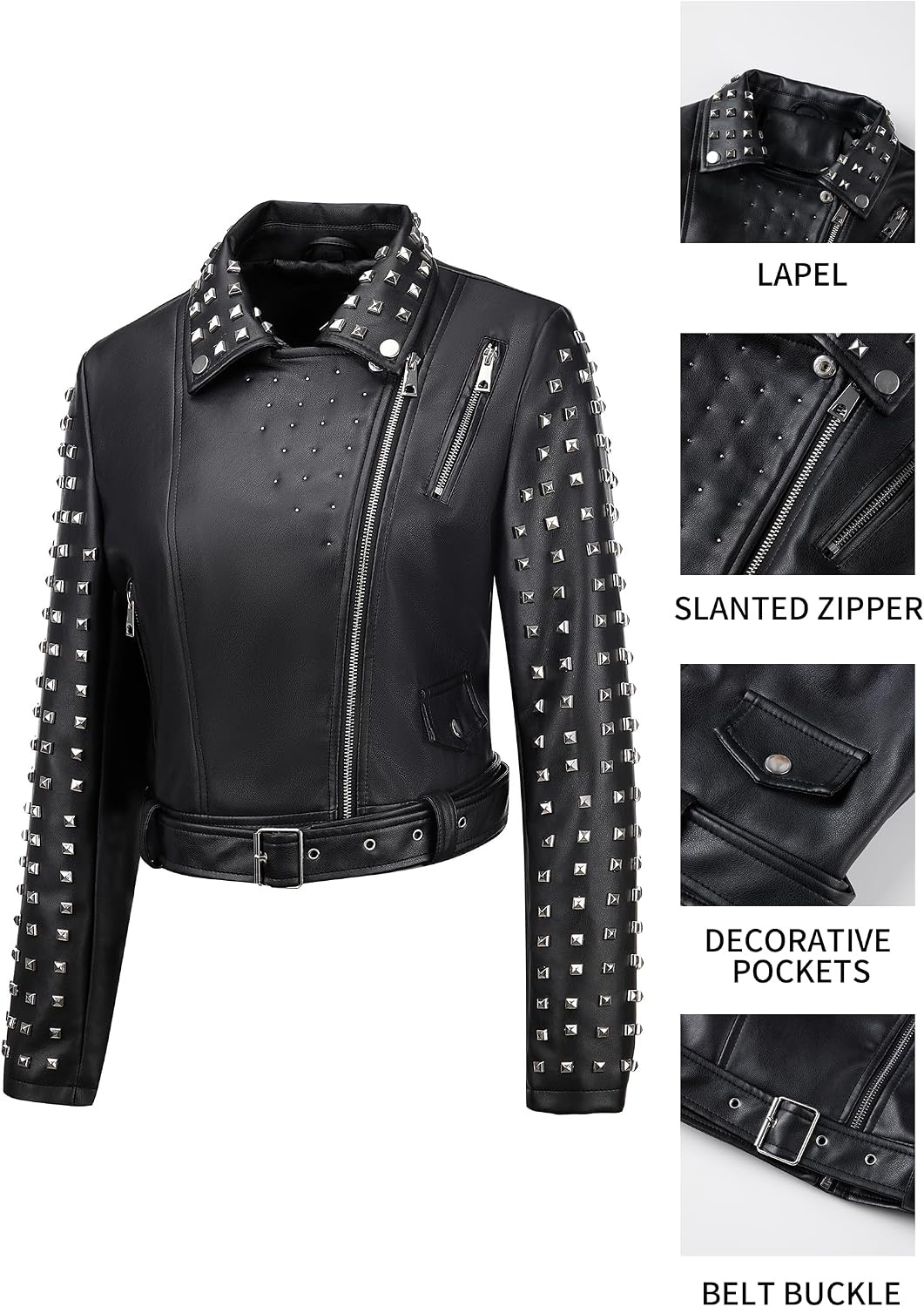 image:imageBellivera Womens Faux Leather Moto Studded Rivet Casual Jacket Short Slim Fit Biker Coat Rock Punk Fashion Streetwear Coat with Soft Smooth Lining Zipper Pockets for Spring and FallBlack Studded Jacket