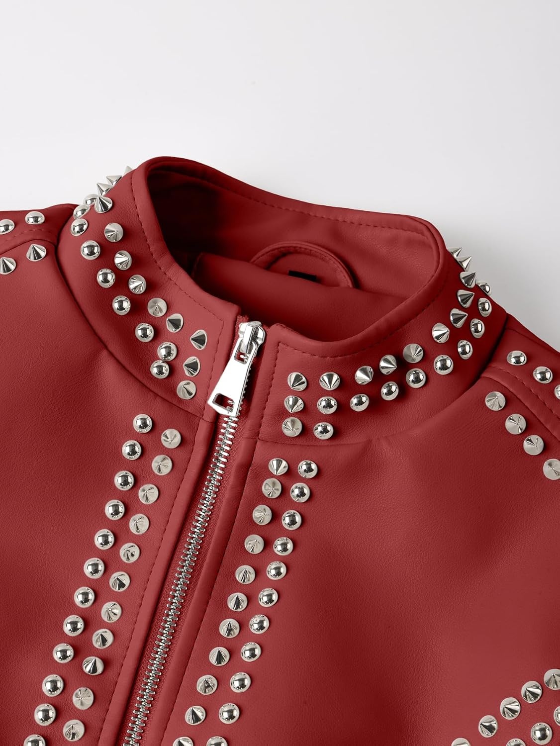 image:imageBellivera Womens Faux Leather Moto Studded Rivet Casual Jacket Short Slim Fit Biker Coat Rock Punk Fashion Streetwear Coat with Soft Smooth Lining Zipper Pockets for Spring and FallStand Collar Red