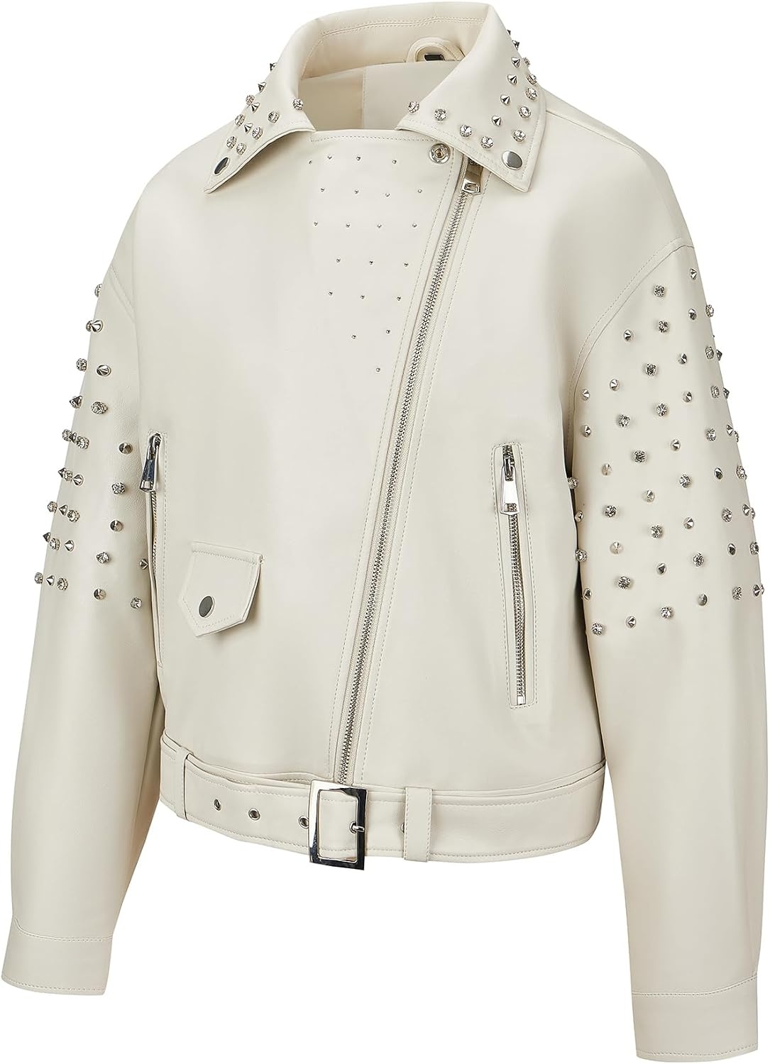 image:imageBellivera Womens Faux Leather Moto Studded Rivet Casual Jacket Short Slim Fit Biker Coat Rock Punk Fashion Streetwear Coat with Soft Smooth Lining Zipper Pockets for Spring and FallWhite Jacket With Belt