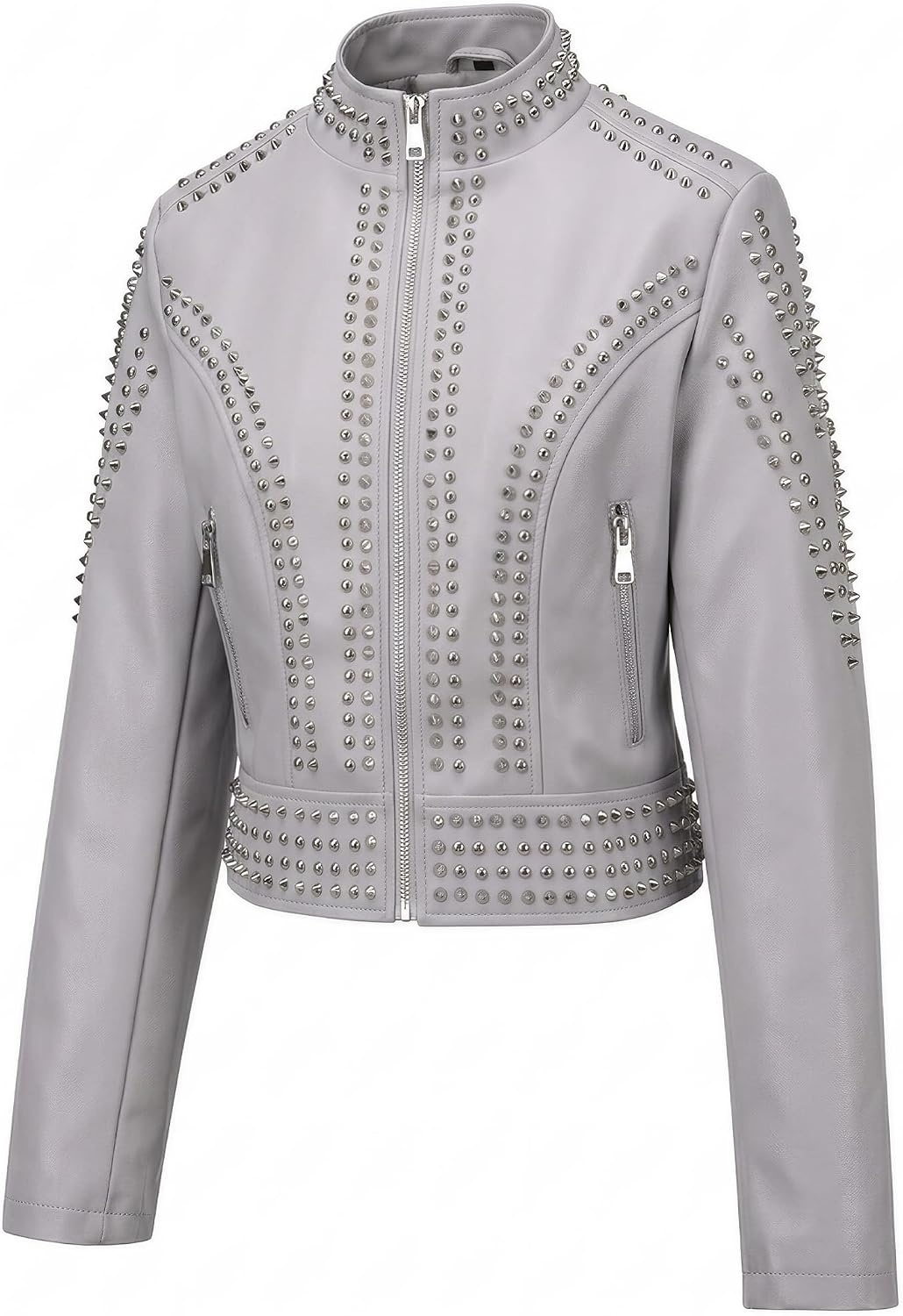 image:imageBellivera Womens Faux Leather Moto Studded Rivet Casual Jacket Short Slim Fit Biker Coat Rock Punk Fashion Streetwear Coat with Soft Smooth Lining Zipper Pockets for Spring and FallStand Collar Gray