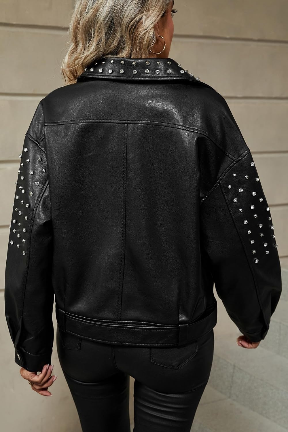 image:imageBellivera Womens Faux Leather Moto Studded Rivet Casual Jacket Short Slim Fit Biker Coat Rock Punk Fashion Streetwear Coat with Soft Smooth Lining Zipper Pockets for Spring and FallBlack Jacket With Belt