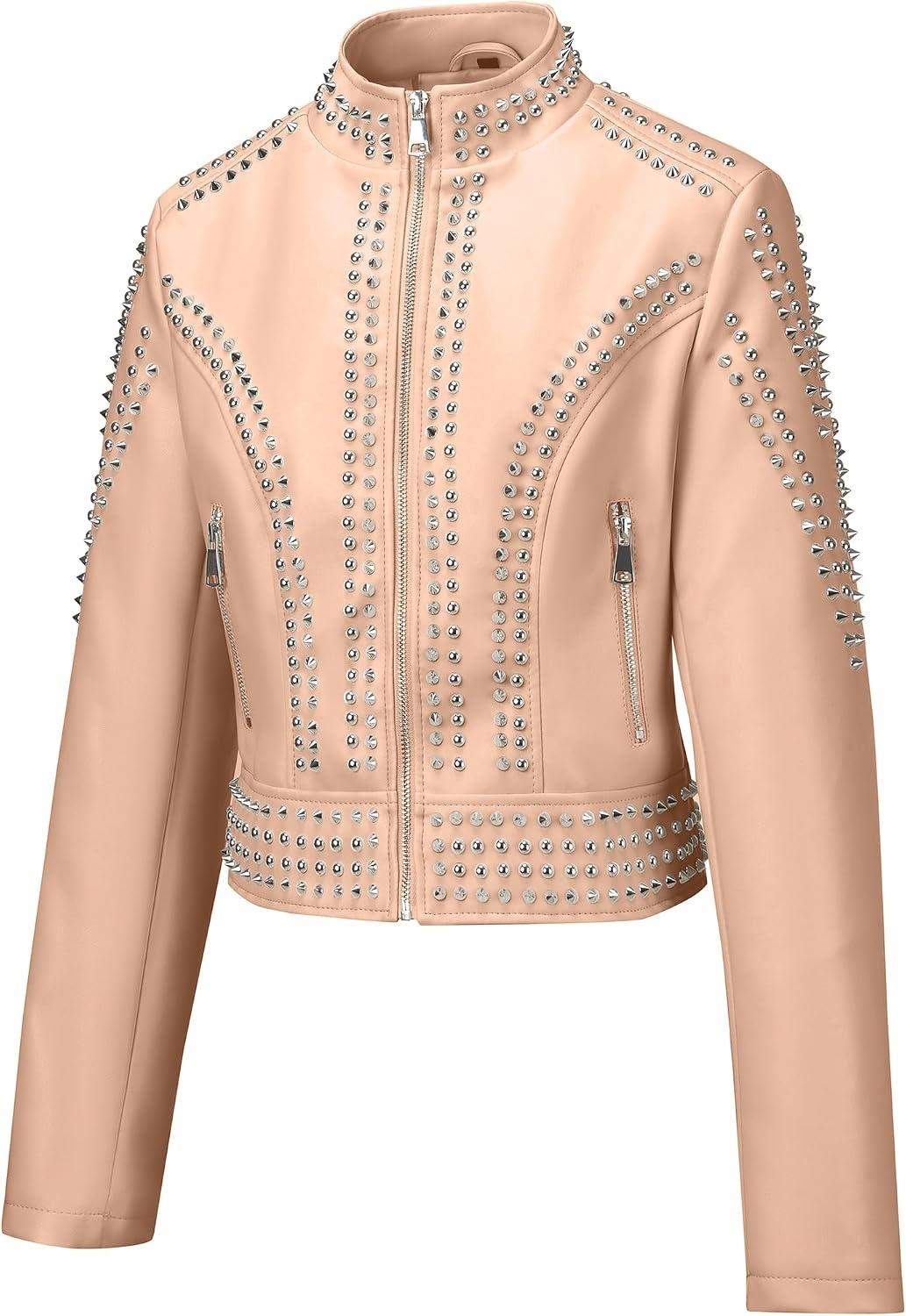 image:imageBellivera Womens Faux Leather Moto Studded Rivet Casual Jacket Short Slim Fit Biker Coat Rock Punk Fashion Streetwear Coat with Soft Smooth Lining Zipper Pockets for Spring and FallStand Collar Khaki