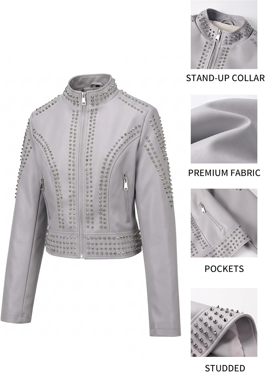 image:imageBellivera Womens Faux Leather Moto Studded Rivet Casual Jacket Short Slim Fit Biker Coat Rock Punk Fashion Streetwear Coat with Soft Smooth Lining Zipper Pockets for Spring and FallStand Collar Gray