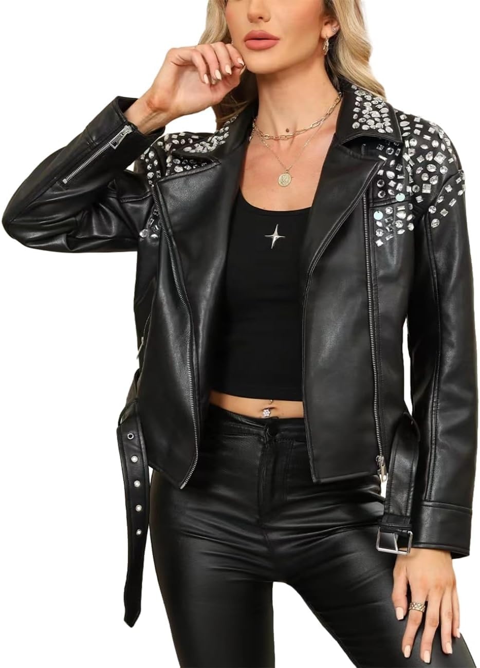 image:imageBellivera Womens Faux Leather Moto Studded Rivet Casual Jacket Short Slim Fit Biker Coat Rock Punk Fashion Streetwear Coat with Soft Smooth Lining Zipper Pockets for Spring and FallBlack Leather Jacket