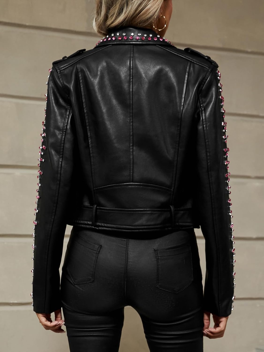 image:imageBellivera Womens Faux Leather Moto Studded Rivet Casual Jacket Short Slim Fit Biker Coat Rock Punk Fashion Streetwear Coat with Soft Smooth Lining Zipper Pockets for Spring and FallBlack
