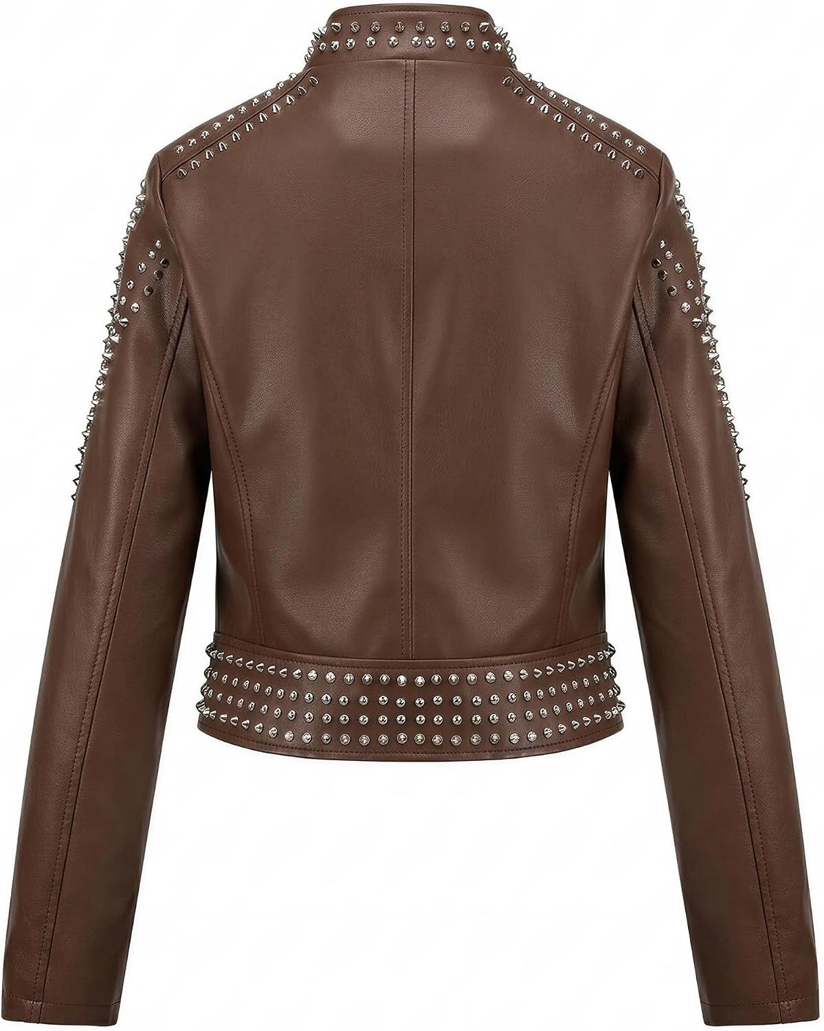 image:imageBellivera Womens Faux Leather Moto Studded Rivet Casual Jacket Short Slim Fit Biker Coat Rock Punk Fashion Streetwear Coat with Soft Smooth Lining Zipper Pockets for Spring and FallStand Collar Deep Brown