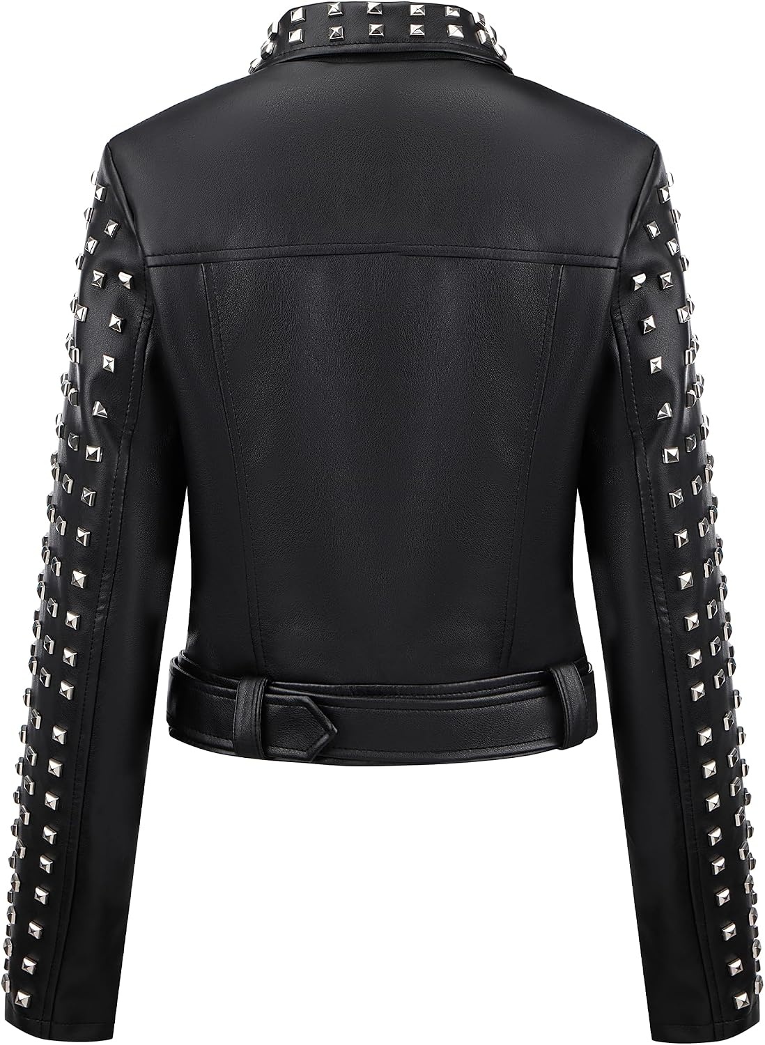 image:imageBellivera Womens Faux Leather Moto Studded Rivet Casual Jacket Short Slim Fit Biker Coat Rock Punk Fashion Streetwear Coat with Soft Smooth Lining Zipper Pockets for Spring and FallBlack Studded Jacket