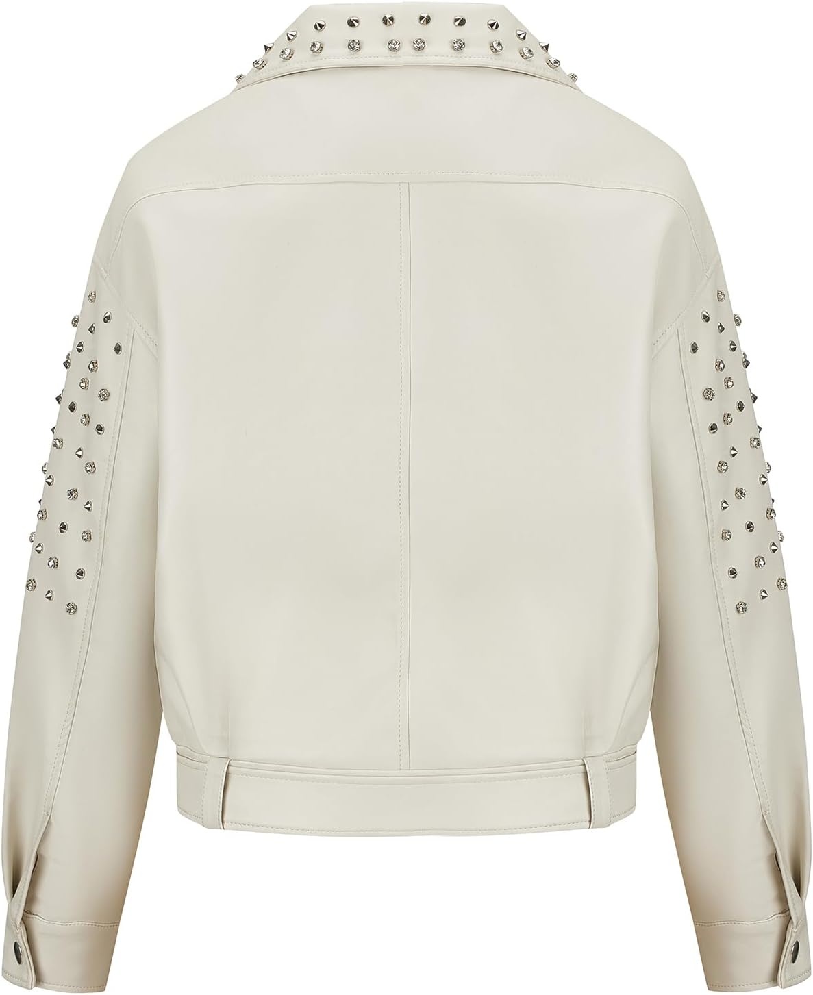 image:imageBellivera Womens Faux Leather Moto Studded Rivet Casual Jacket Short Slim Fit Biker Coat Rock Punk Fashion Streetwear Coat with Soft Smooth Lining Zipper Pockets for Spring and FallWhite Jacket With Belt