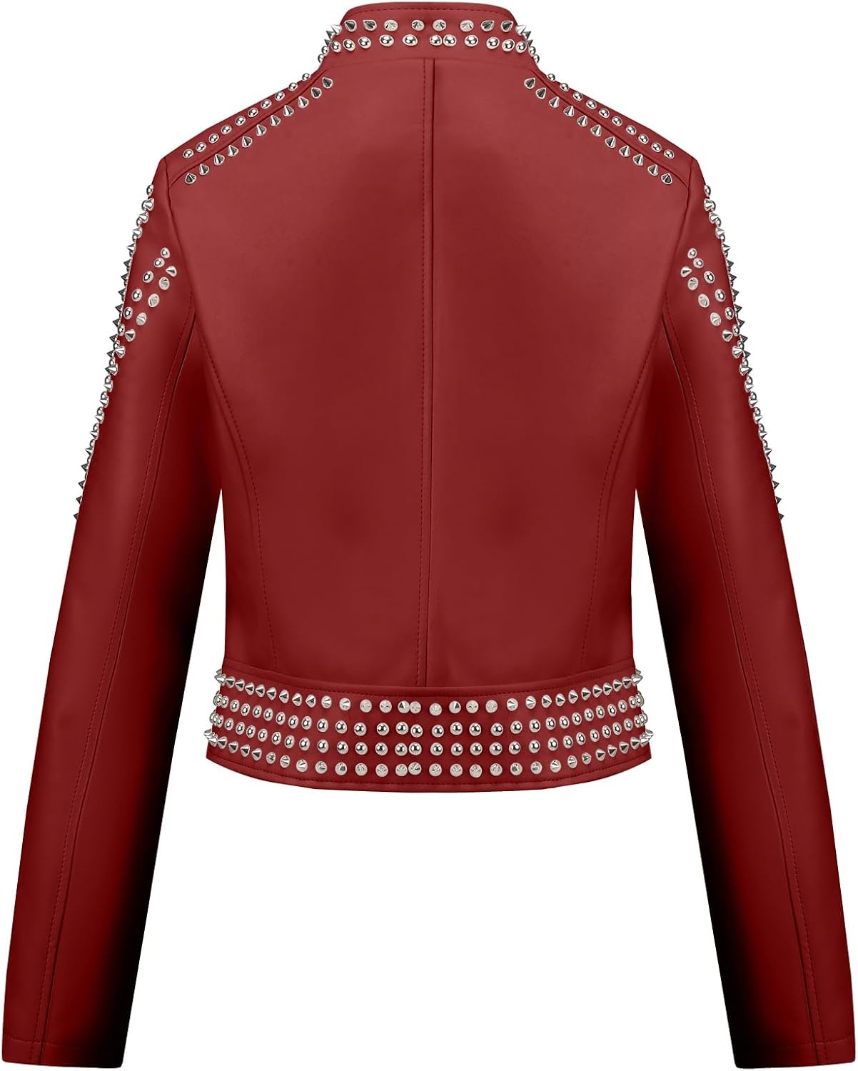 image:imageBellivera Womens Faux Leather Moto Studded Rivet Casual Jacket Short Slim Fit Biker Coat Rock Punk Fashion Streetwear Coat with Soft Smooth Lining Zipper Pockets for Spring and FallStand Collar Red