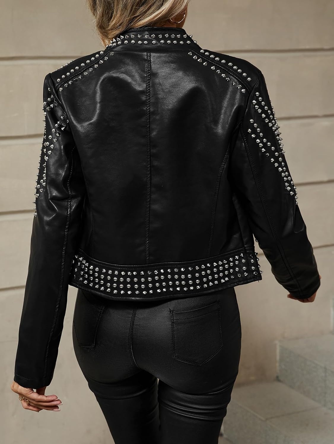 image:imageBellivera Womens Faux Leather Moto Studded Rivet Casual Jacket Short Slim Fit Biker Coat Rock Punk Fashion Streetwear Coat with Soft Smooth Lining Zipper Pockets for Spring and FallStand Collar Black
