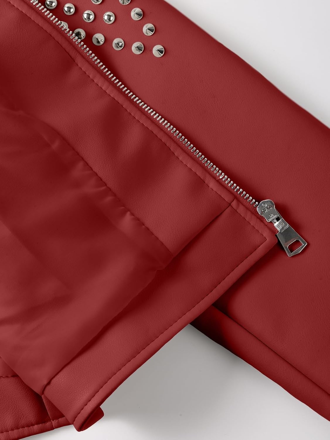 image:imageBellivera Womens Faux Leather Moto Studded Rivet Casual Jacket Short Slim Fit Biker Coat Rock Punk Fashion Streetwear Coat with Soft Smooth Lining Zipper Pockets for Spring and FallStand Collar Red