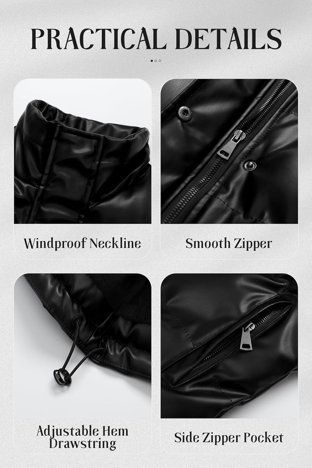 image:imageChrisuno Womens Short FauxLeather Puffer Jacket Fleece Lined Vegan Leather Winter Coat Waterproof Bubble JacketsBlack