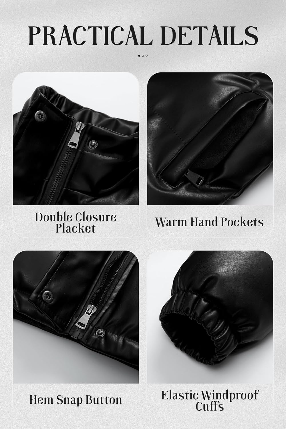 image:imageChrisuno Womens Short FauxLeather Puffer Jacket Fleece Lined Vegan Leather Winter Coat Waterproof Bubble JacketsBlack