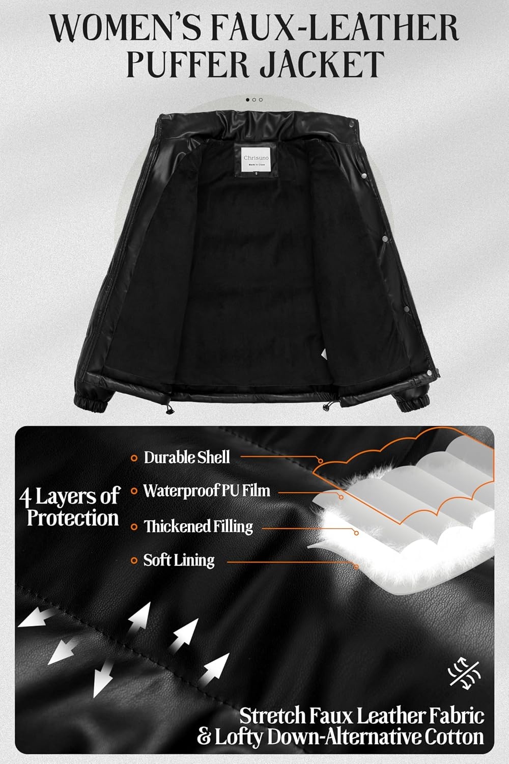 image:imageChrisuno Womens Short FauxLeather Puffer Jacket Fleece Lined Vegan Leather Winter Coat Waterproof Bubble JacketsBlack