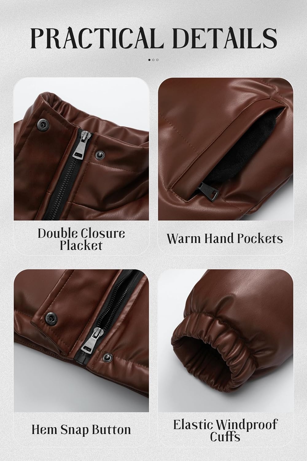 image:imageChrisuno Womens Short FauxLeather Puffer Jacket Fleece Lined Vegan Leather Winter Coat Waterproof Bubble JacketsBrown