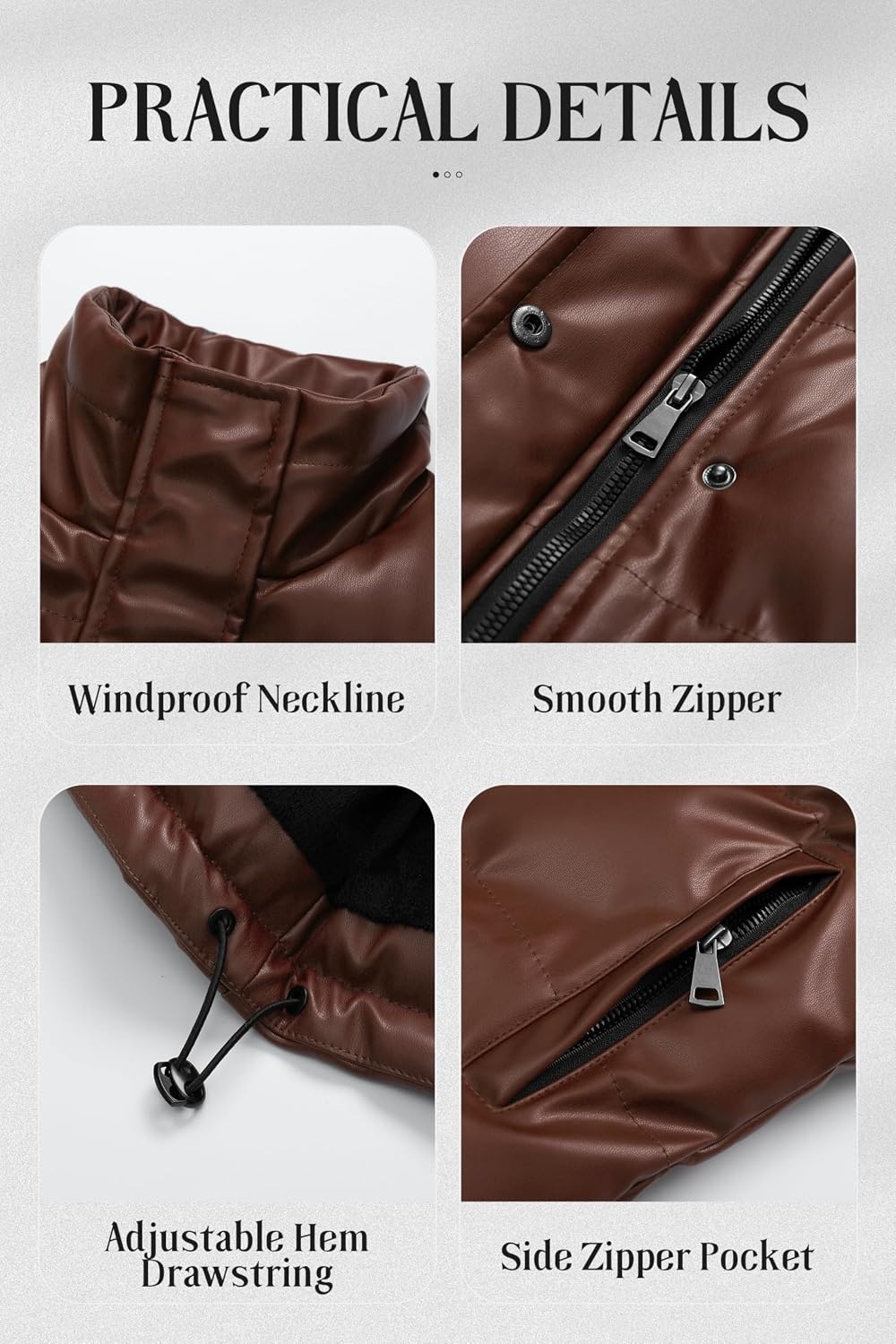 image:imageChrisuno Womens Short FauxLeather Puffer Jacket Fleece Lined Vegan Leather Winter Coat Waterproof Bubble JacketsBrown