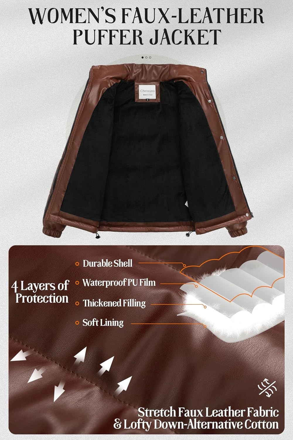 image:imageChrisuno Womens Short FauxLeather Puffer Jacket Fleece Lined Vegan Leather Winter Coat Waterproof Bubble JacketsBrown