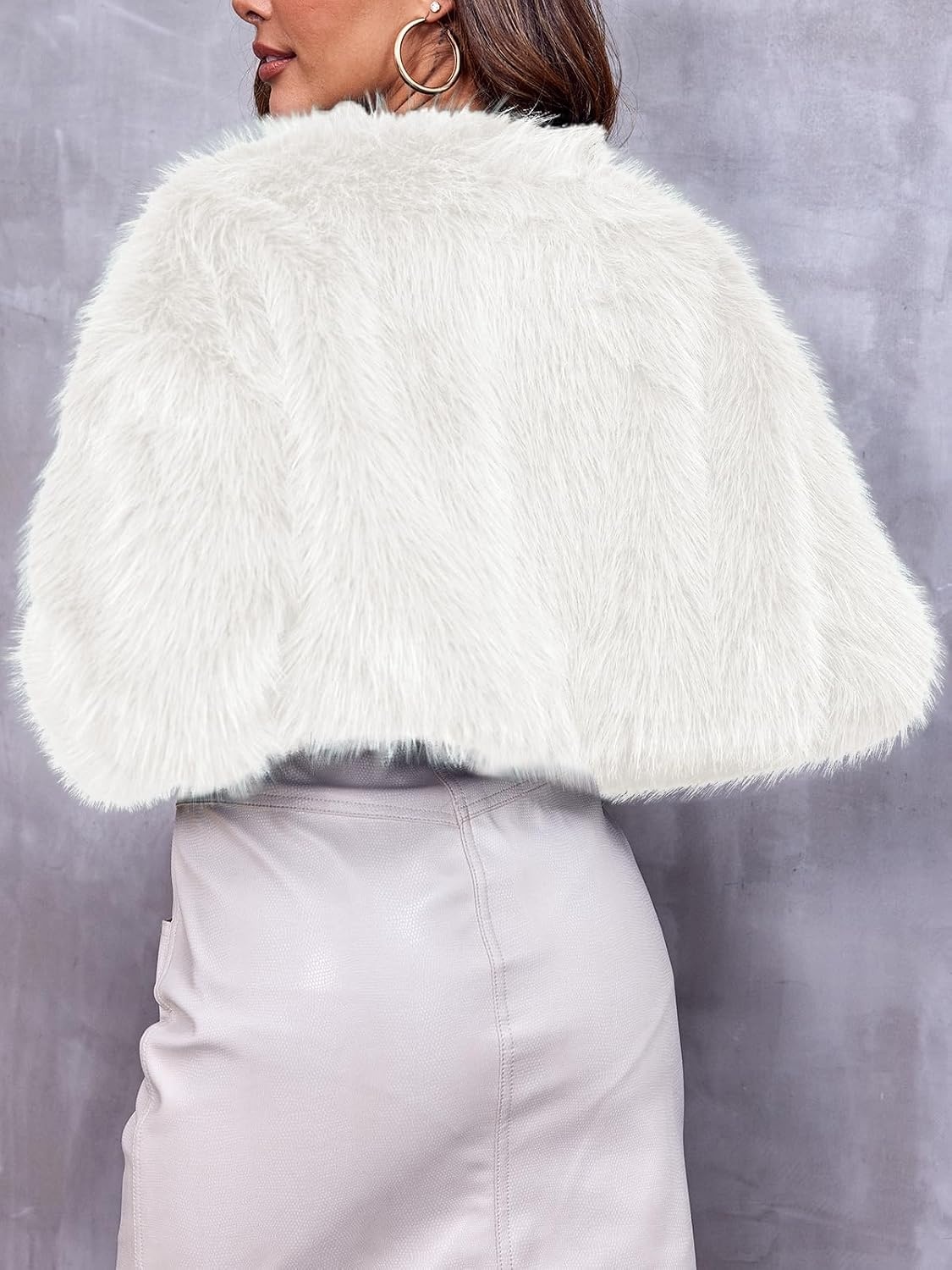 image:imageDanedvi Womens Cropped Faux Fur Jacket Long Sleeve Fluffy Shaggy Short Coat Open Front Cardigan Warm Winter Outerwear Casual Daily Party Wear Cocktail Party Cover Up for DressesWhite