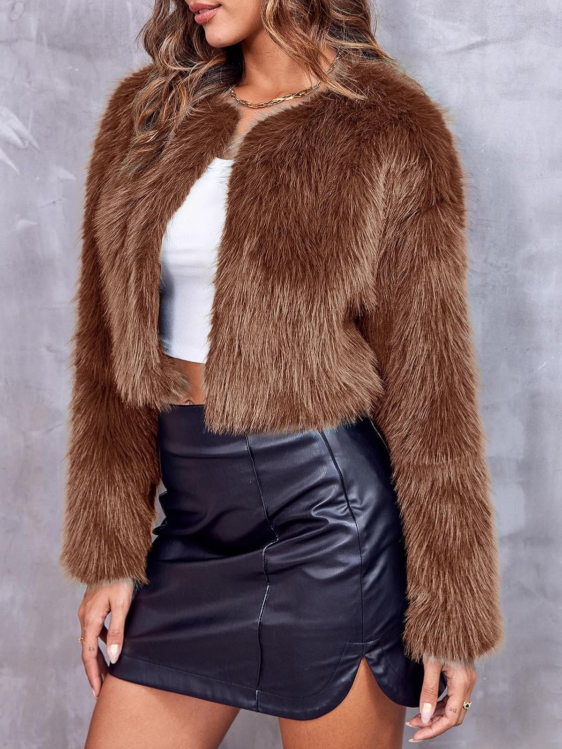 image:imageDanedvi Womens Cropped Faux Fur Jacket Long Sleeve Fluffy Shaggy Short Coat Open Front Cardigan Warm Winter Outerwear Casual Daily Party Wear Cocktail Party Cover Up for DressesBrown